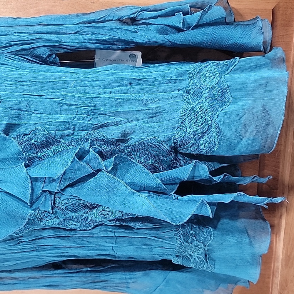 Marshall Rousso Teal Ruffle Button Down Blouse - Picture 3 of 13